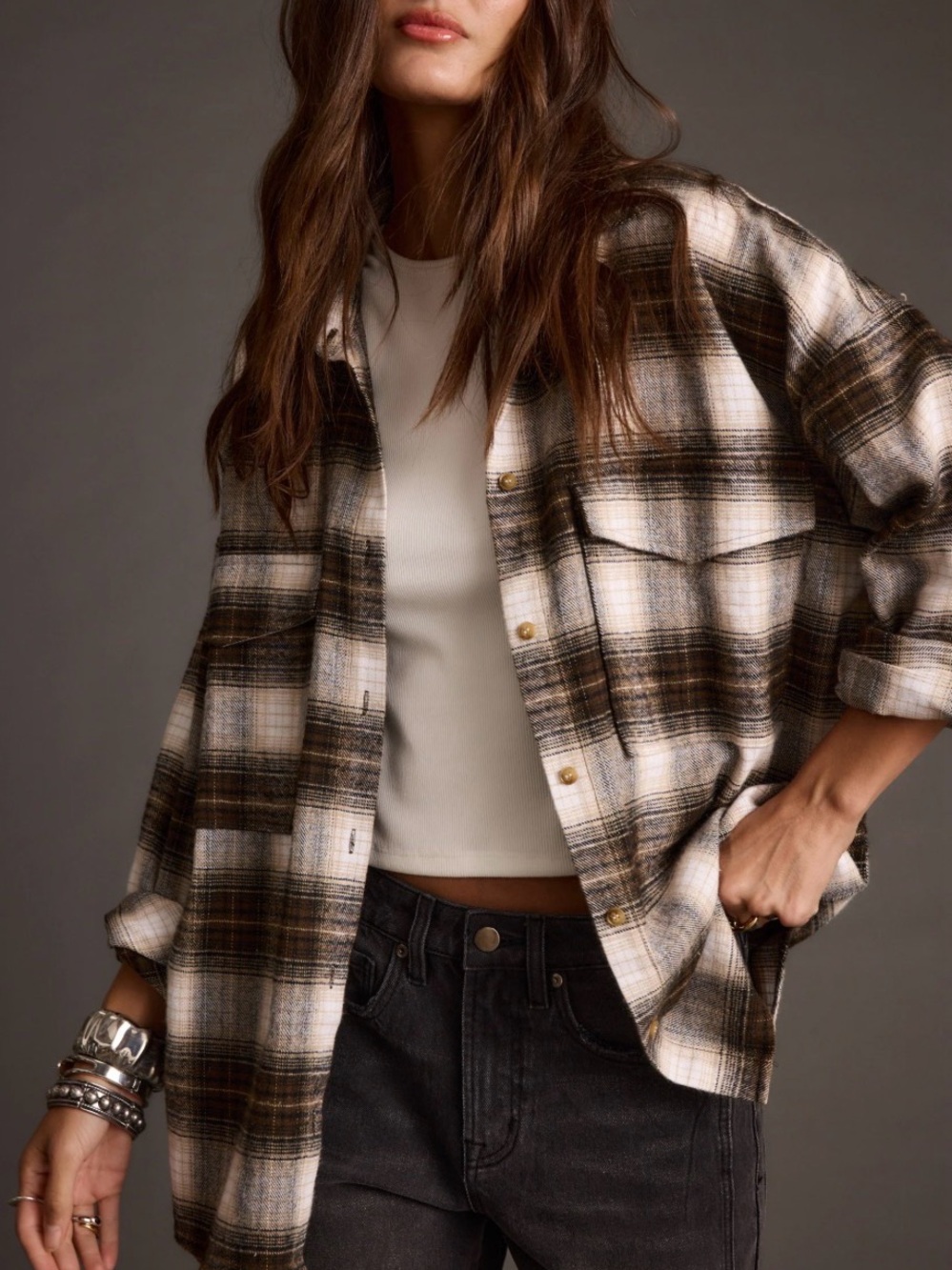 12th Tribe Brown and Cream Plaid Utility Shacket